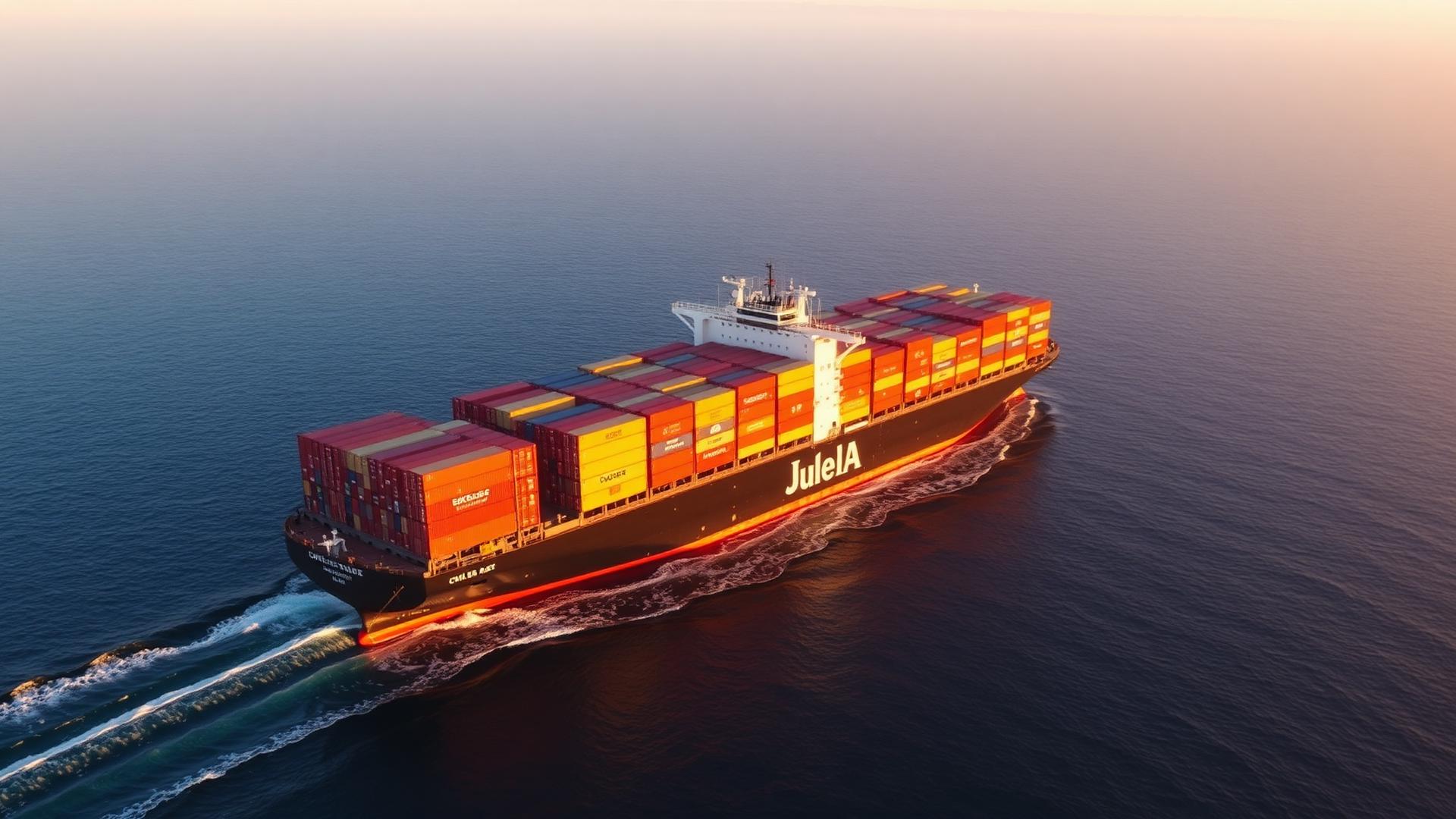 Container ship crossing the ocean at sunset